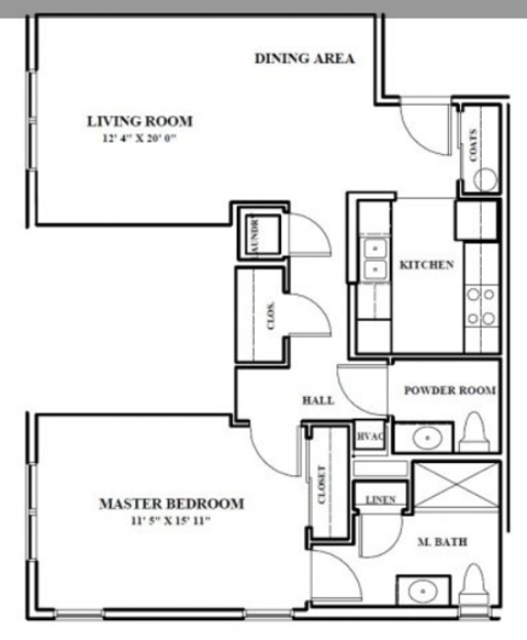 Floor plan for 1 bed, 1.5 baths, 844 sqft